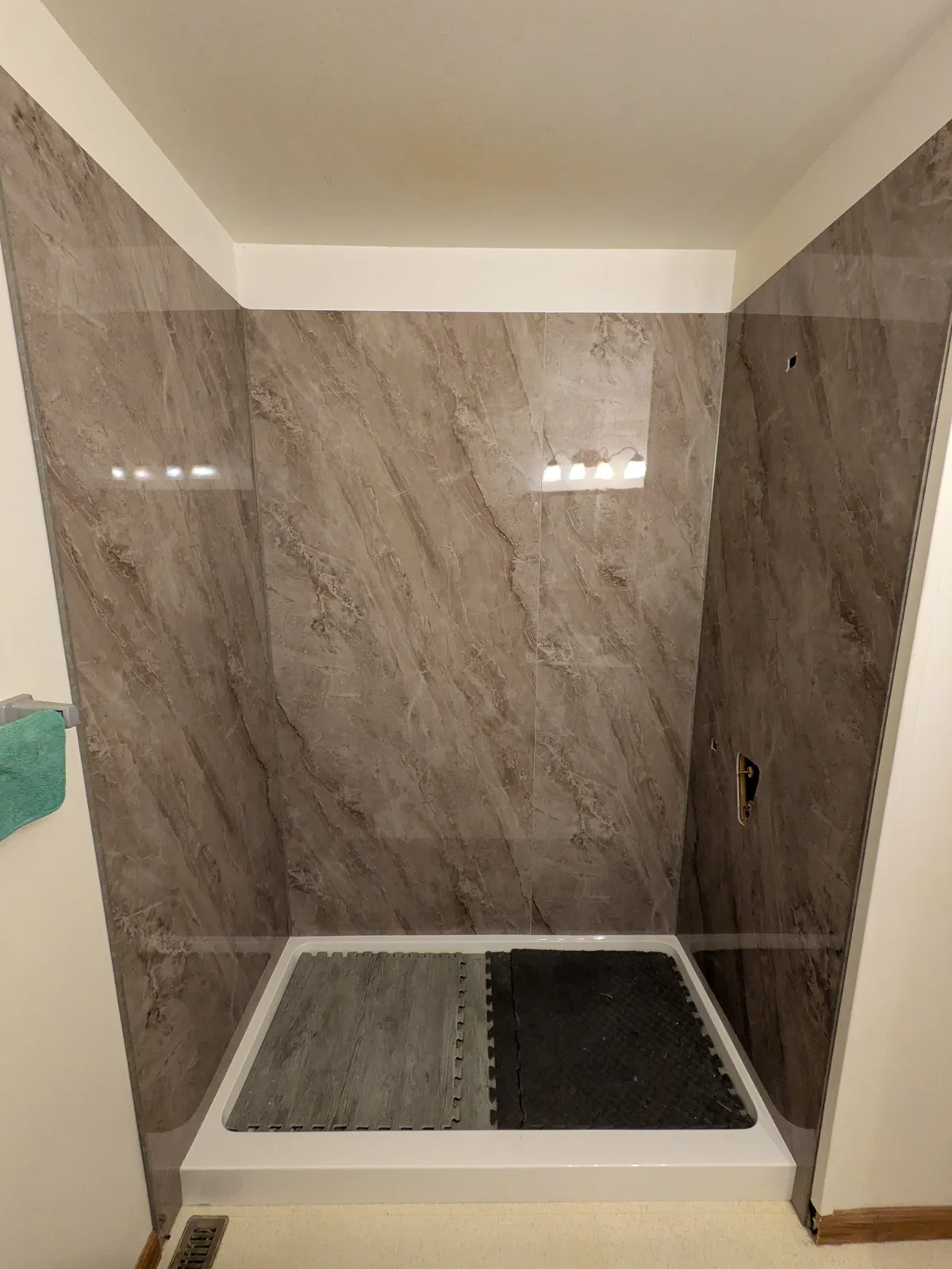 Shower alcove after the conversion, looking toward the valve wall