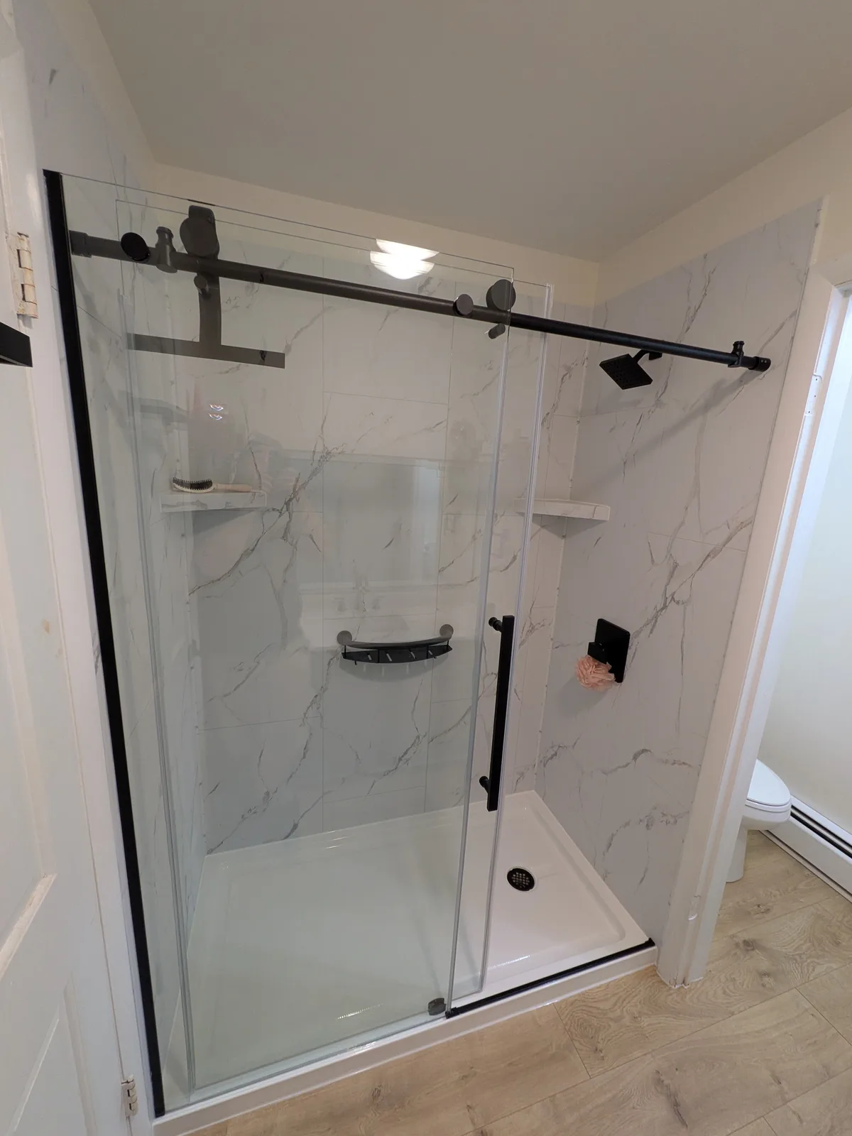 Finished bathroom looking toward the walk-in shower