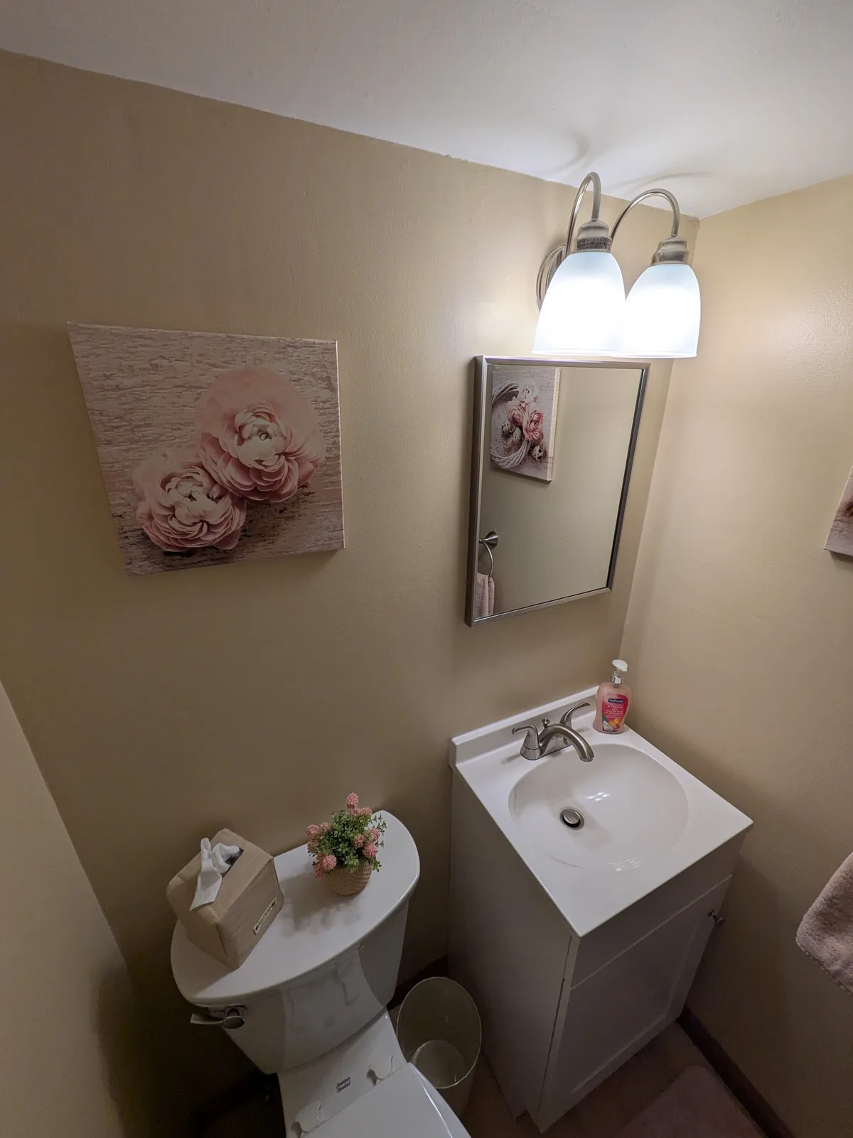 Refreshed powder room with a white vanity, new lighting and a small basin